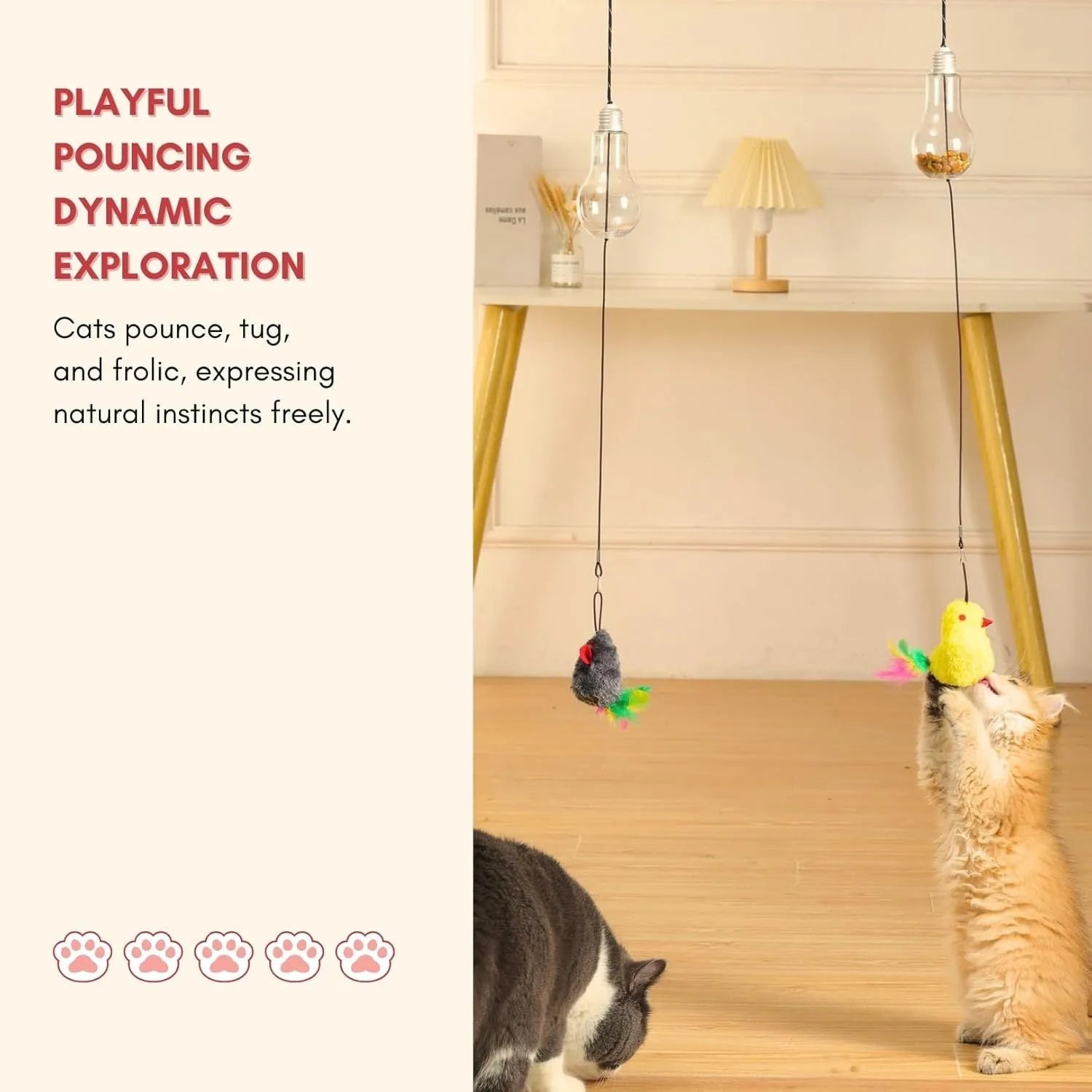 Interactive cat toy hanging on door frame with retractable rope, swinging attachments and treat reward bulb