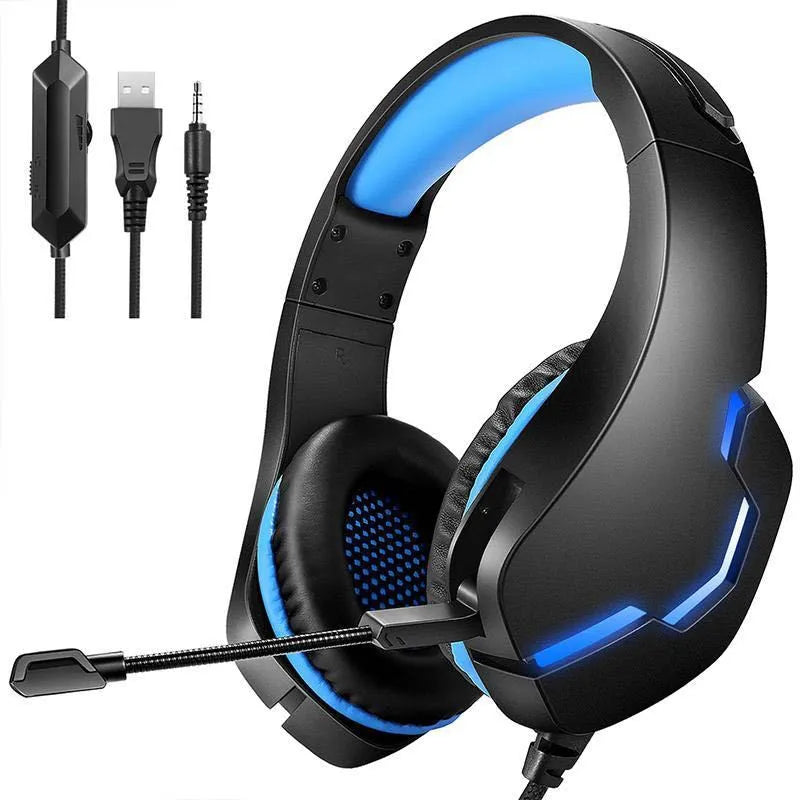 J10 3.5mm wired gaming headset with microphone and LED lights in blue
