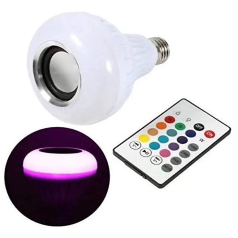 White Bluetooth LED smart bulb with E27 screw base showing colour-changing lighting effects