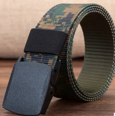 Men's hypoallergenic woven canvas belt with plastic square buckle in green, khaki, and camouflage colours