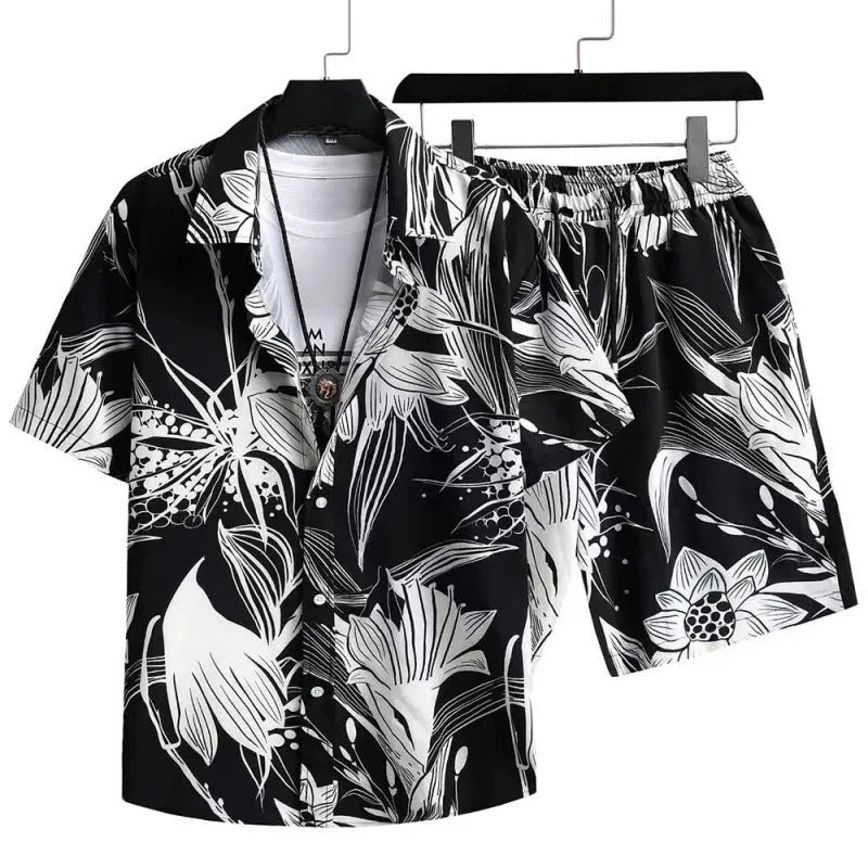 Man wearing a digitally printed short sleeve cardigan and matching shorts from a casual suit set.