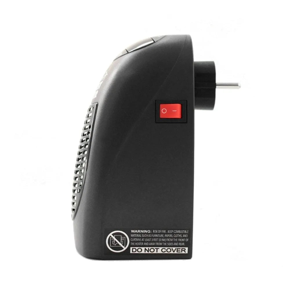 Black compact mini electric heater with digital display and a rotating three-prong plug.