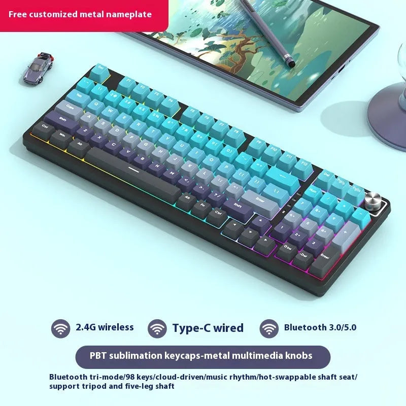 98 key wireless Bluetooth mechanical keyboard kit with optional display screen and metal knob