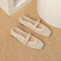Women's beige mesh low-heel pump with square toe and buckle strap