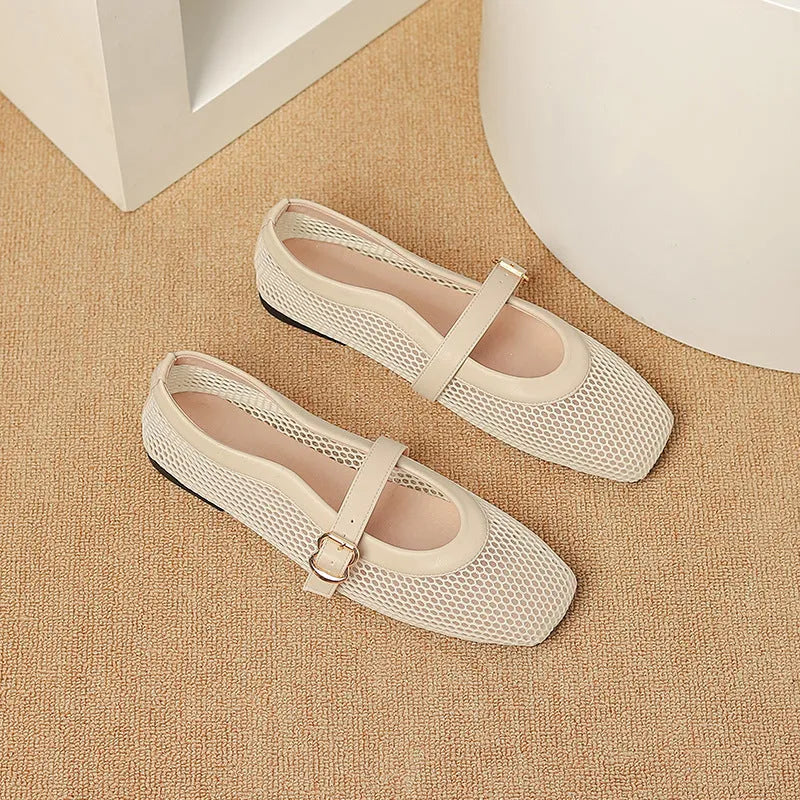 Women's beige mesh low-heel pump with square toe and buckle strap