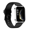 Black smart watch with 1.69-inch touchscreen display and silicone wristband showing interface