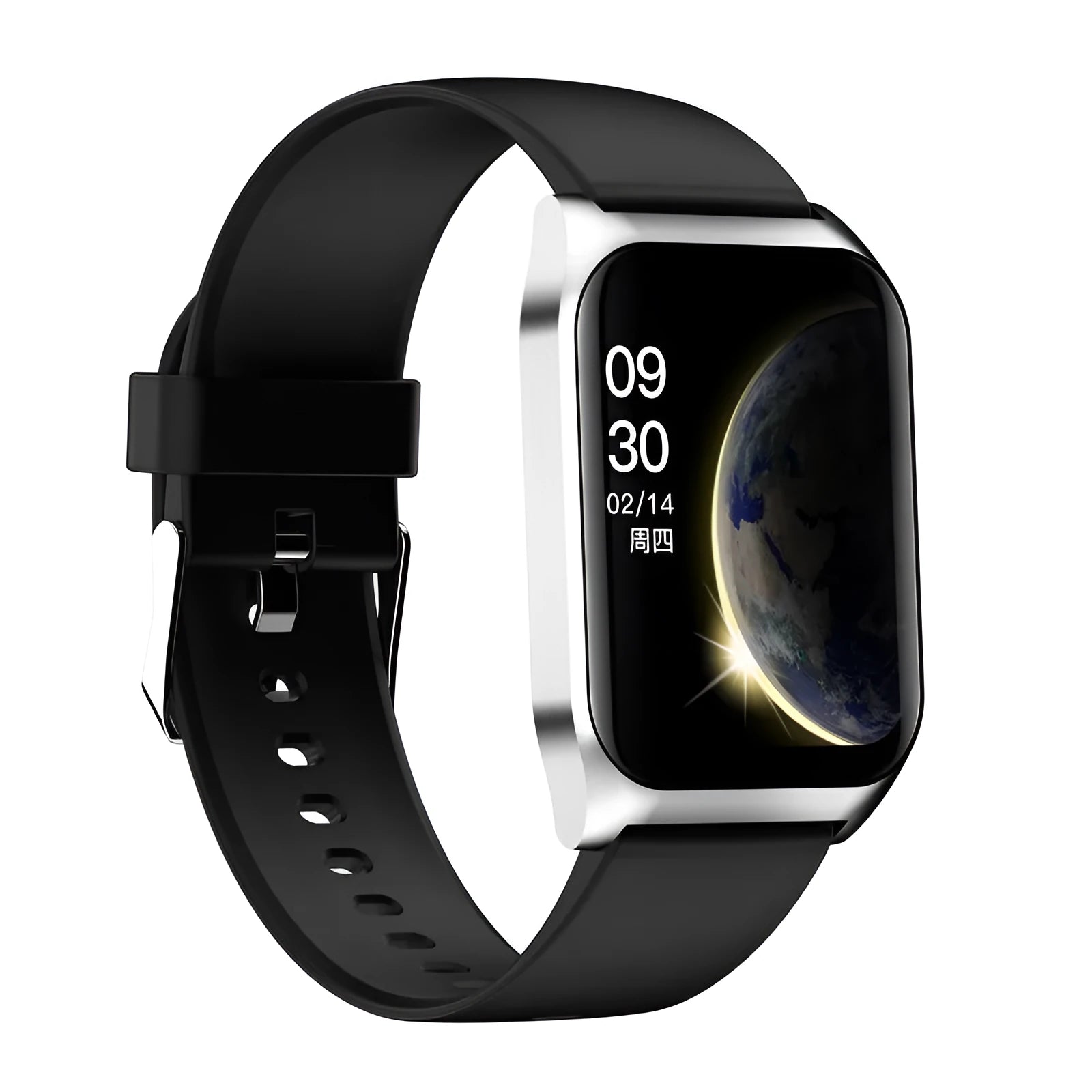 Black smart watch with 1.69-inch touchscreen display and silicone wristband showing interface