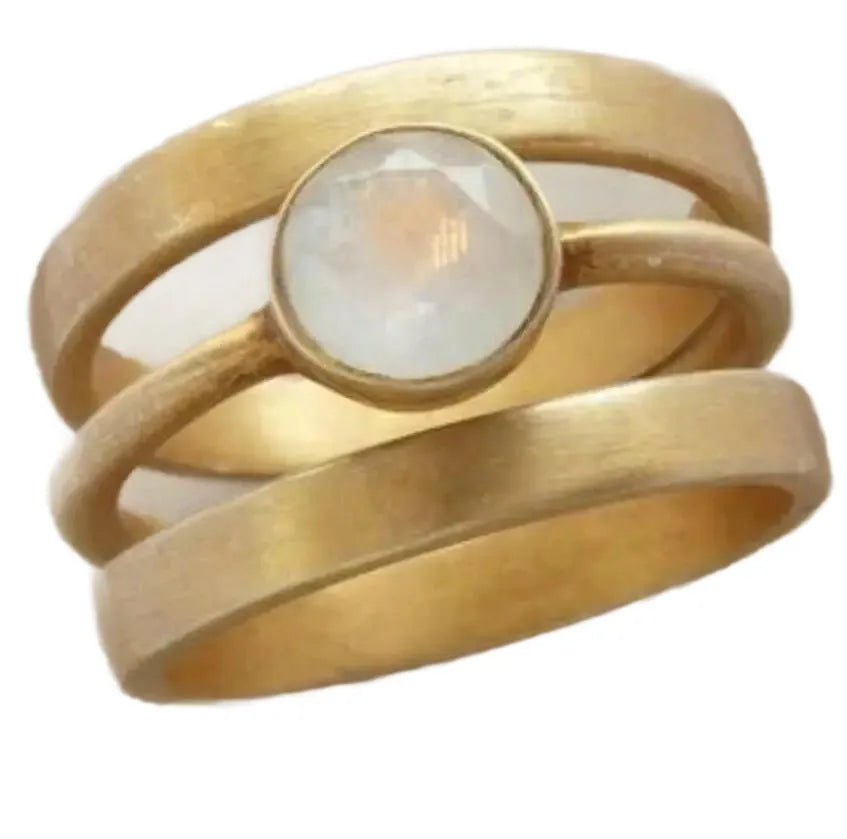 Gold-plated titanium steel ring with geometric hollow design and white chalcedony stone detail