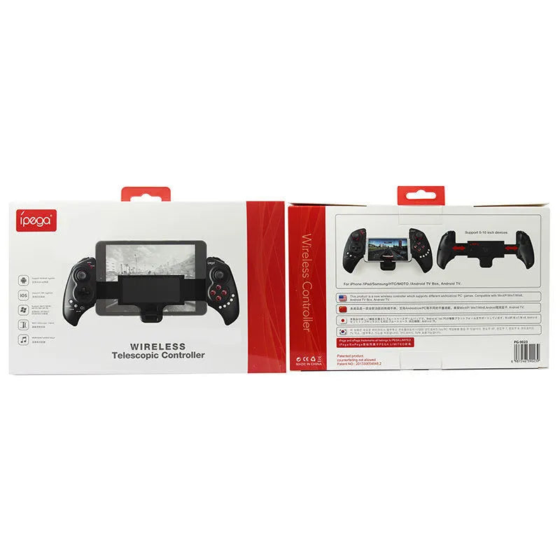 Wireless telescopic gamepad controller PG-9023 in black ABS plastic extended to hold a smartphone