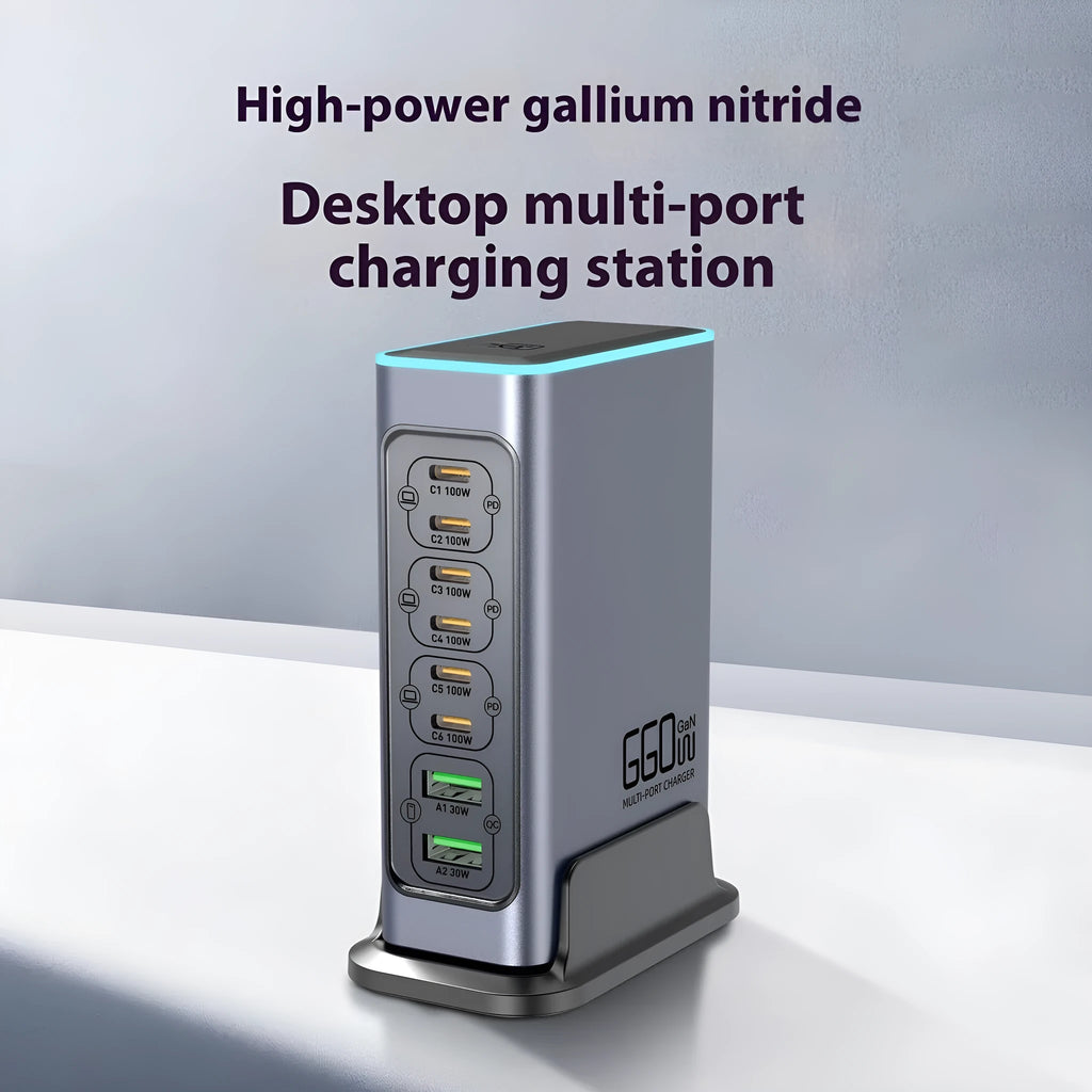 660W gallium nitride desktop fast charger with multiple ports for phones and tablets.