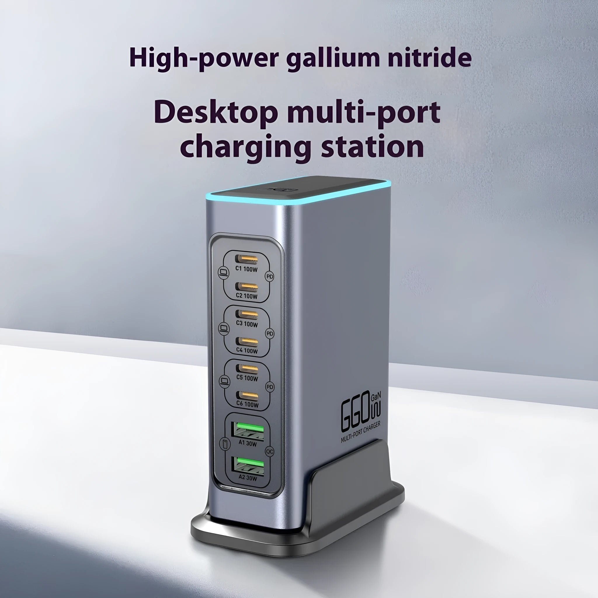 660W gallium nitride desktop fast charger with multiple ports for phones and tablets.