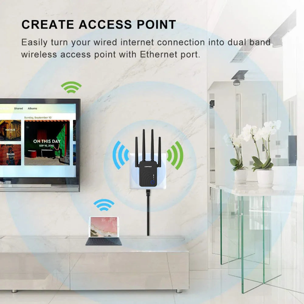 AC1200 dual band WiFi range extender with four 3dBi antennas, black, on white background