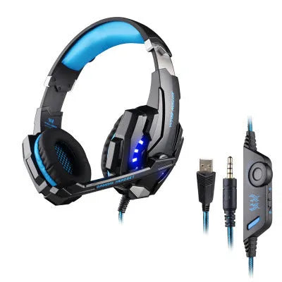 G9000 gaming headset with microphone, black blue colour, over-ear wired design, leather earmuffs, nylon braided cable
