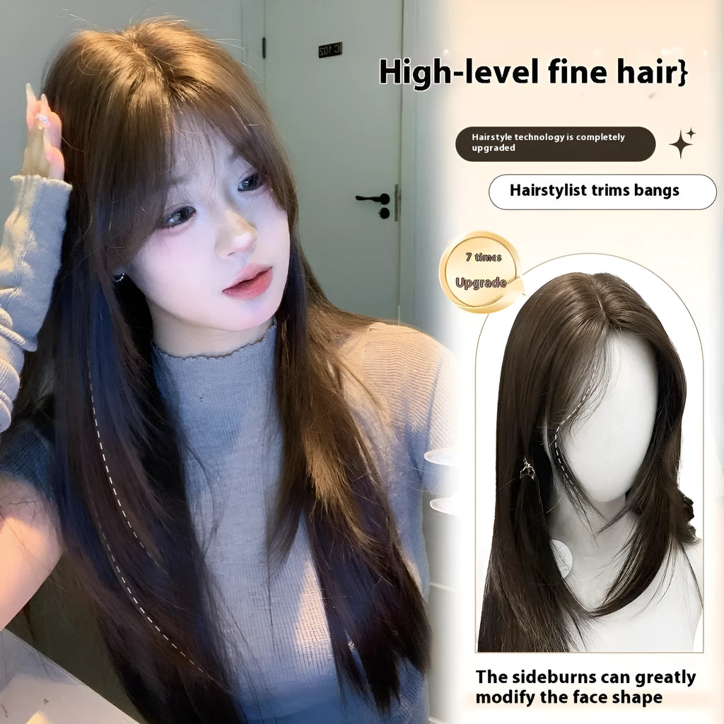 Cold brown layered long straight full-head wig for women with lace front