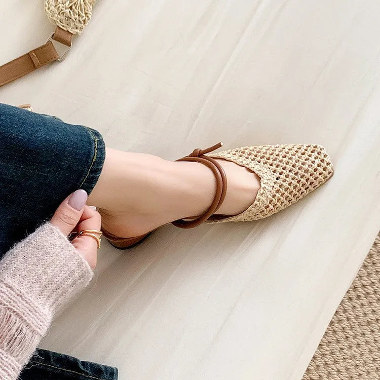 Women's square toe chunky heel slippers in beige, showing hollow-out breathable design and rubber sole.