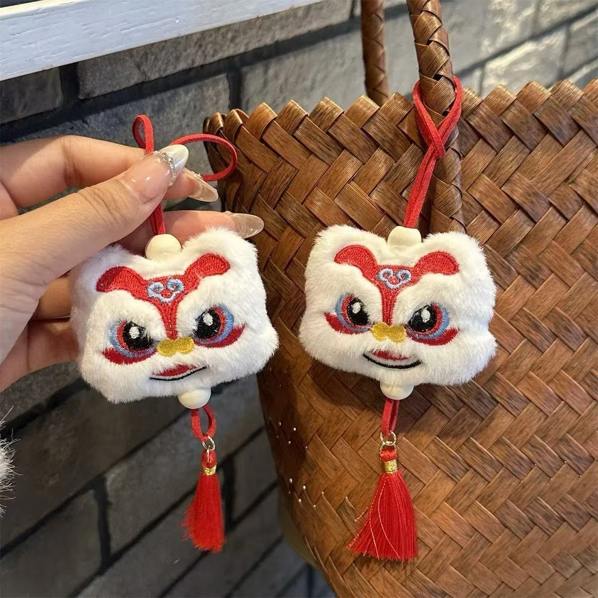 Handmade Chinese style plush lion tassel ornament keychain with star stone details in blue colour