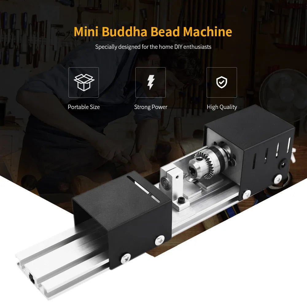 Mini manual woodworking lathe with silver metal finish and carving accessories