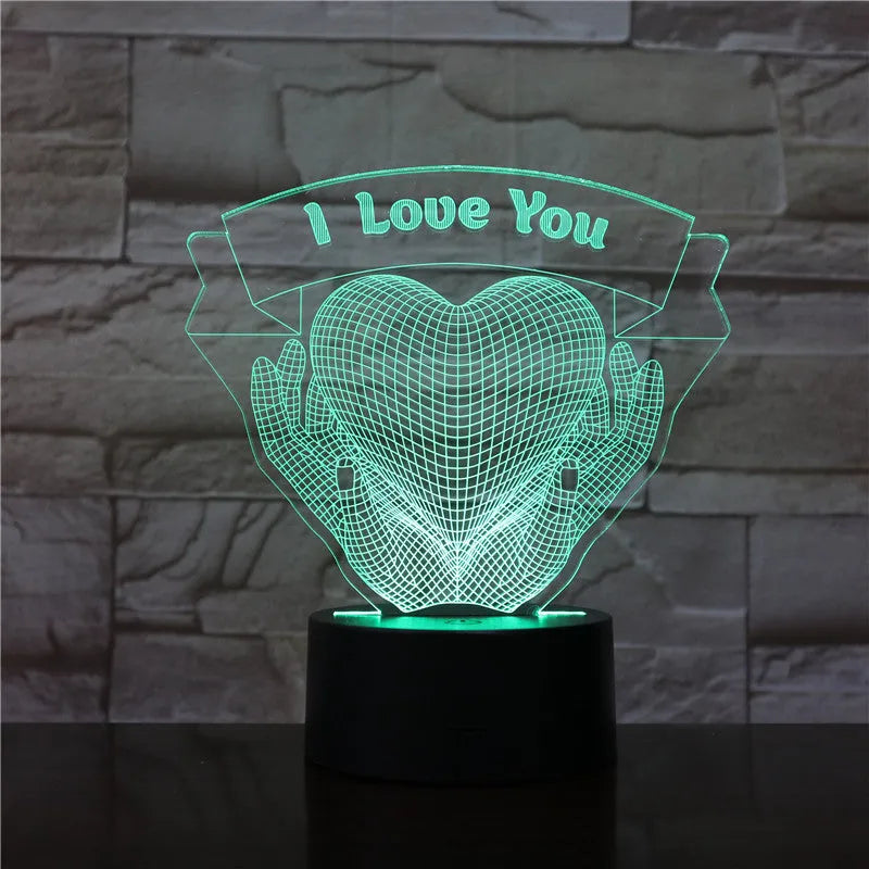 3D night light with hands holding love design, 7 colour LED, acrylic board, remote control