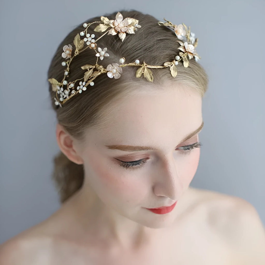 Shaped asymmetric handmade bridal crown Kc gold with imitation pearl and rhinestone details