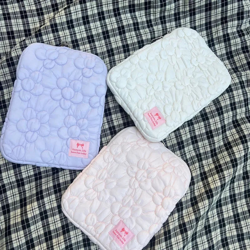 Embroidered bubble cotton tablet PC bag in milky white, light purple or pink, nylon laptop storage sleeve for 11, 13 or 15 inch devices