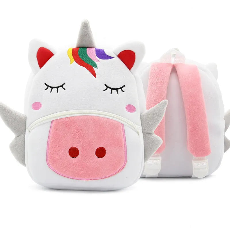 Children's plush animal backpack with elephant design showing dimensions and zipper opening