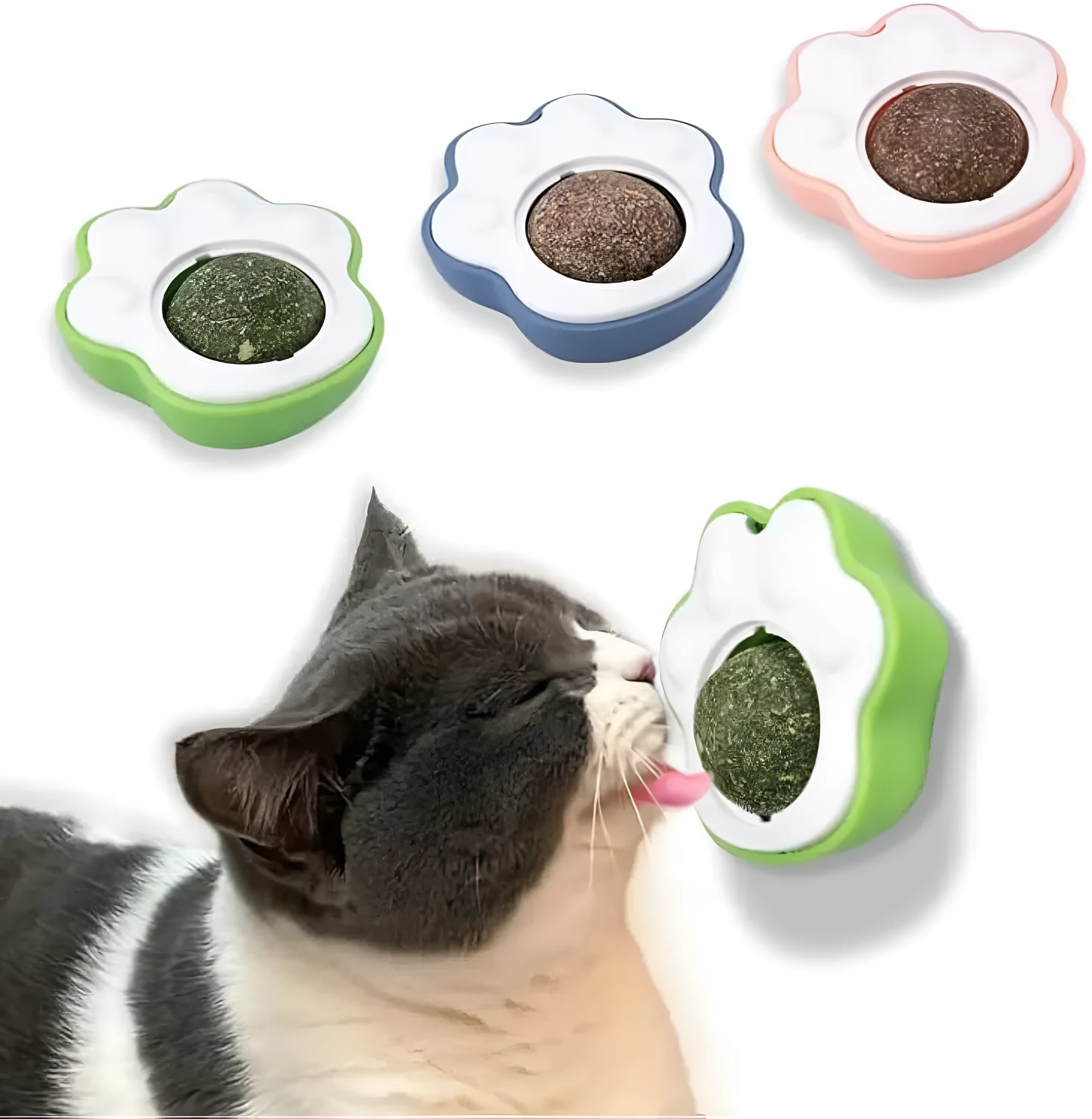 Blue, green, and pink edible vine catnip balls for dental chewing and play