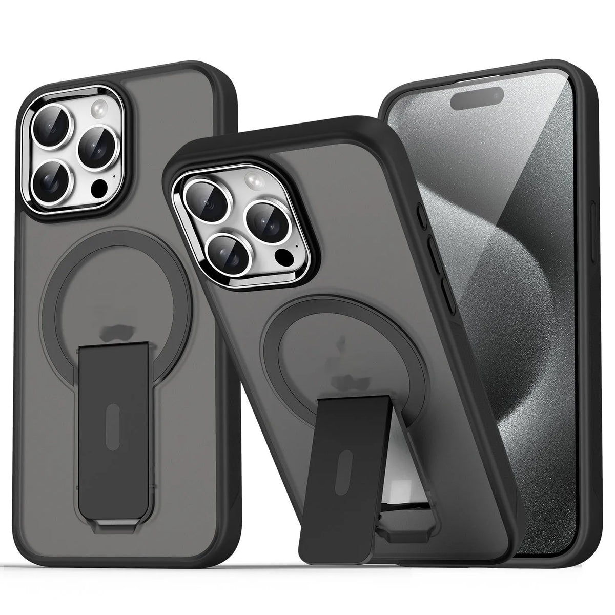 Magnetic bracket phone case with kickstand in black for iPhone 16 Pro Max, anti-fall PC material