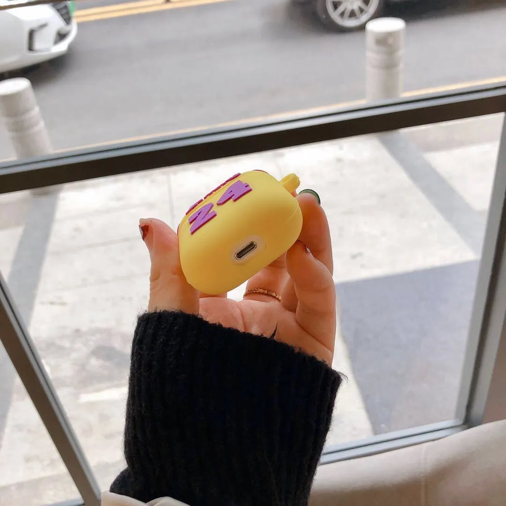 Silicone protective cover compatible with AirPods second generation in purple and yellow colour options
