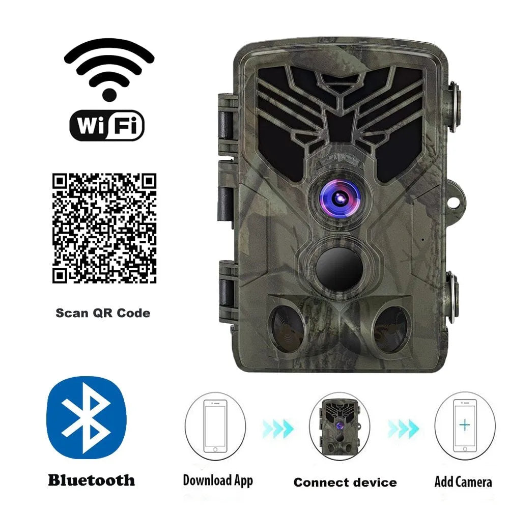 Wifi830 compact wildlife camera with camouflage finish showing lens, display, and mounting bracket