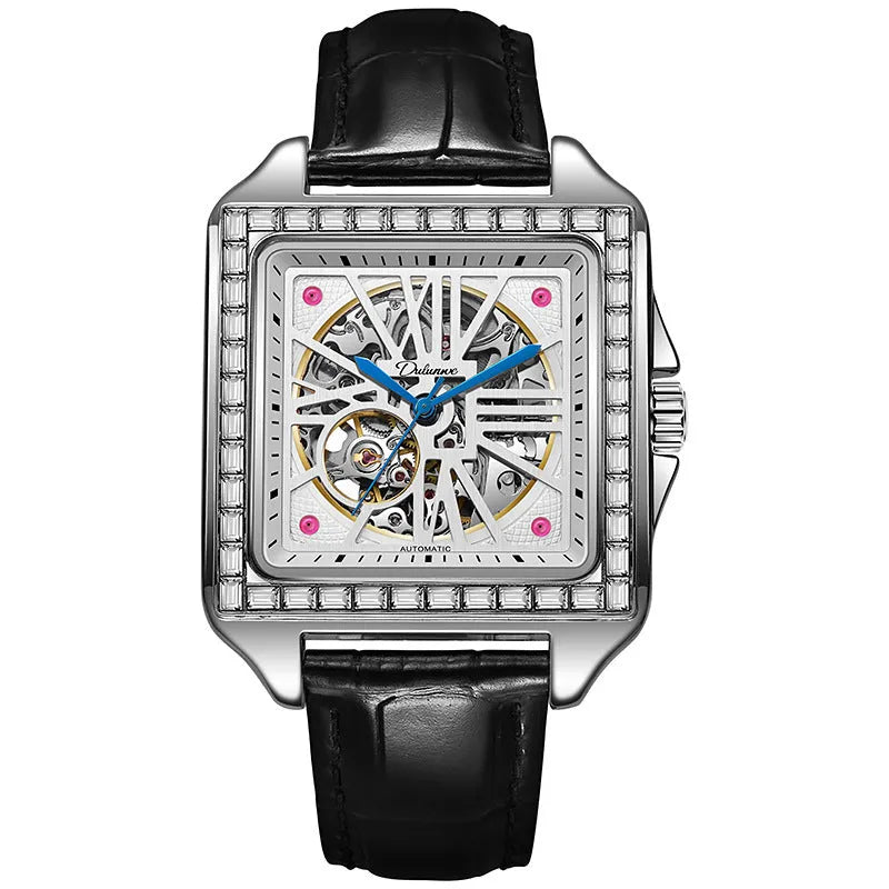 Men's square automatic watch with diamond detailing on steel belt
