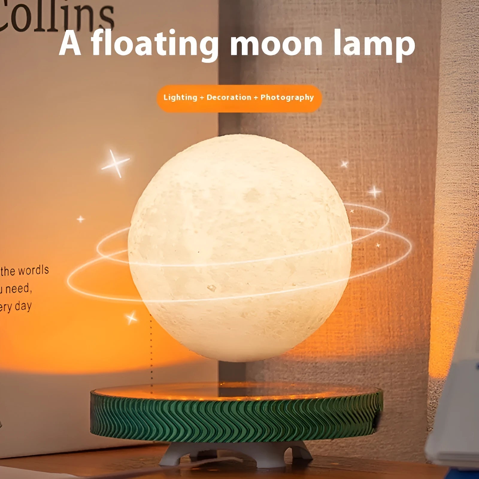 Magnetic suspension moon lamp floating above base with 3D printed modern design