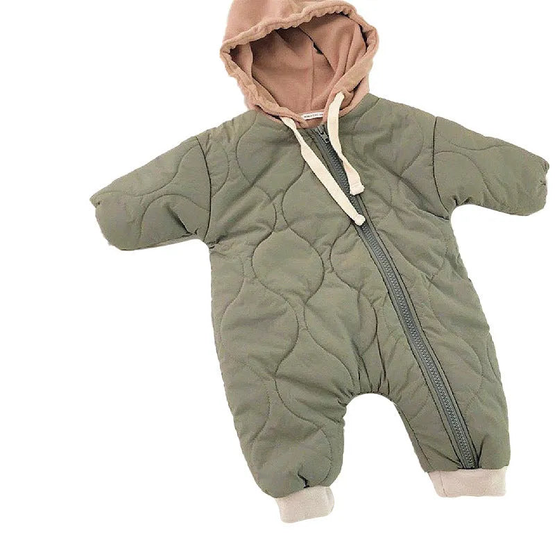 Baby padded quilted cotton kumpsuit with hat in beige, size 80cm