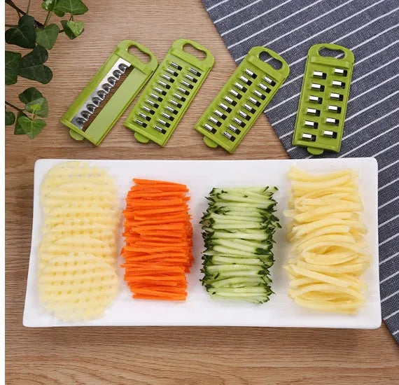 Multi-function vegetable chopper with 8 stainless steel blades, 28cm, brown plastic body, safety protector and blades on display