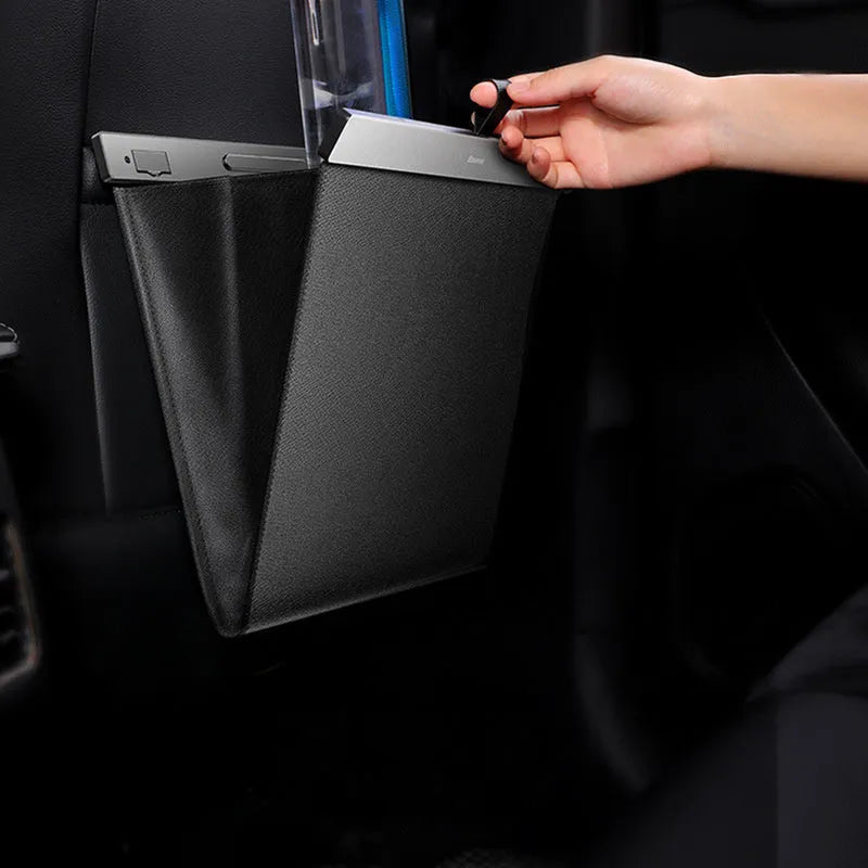 Black PVC car trash bag with magnetic closure, 360x290x45mm, for in-car suspension