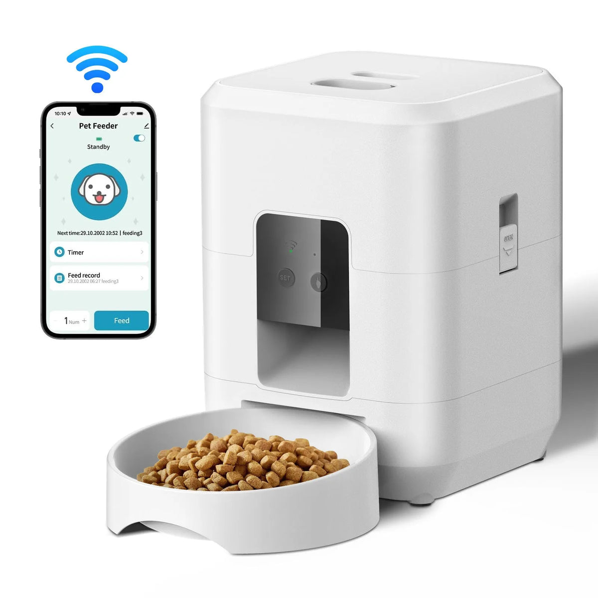 Automatic pet feeder with WiFi connectivity and video monitoring for cats with UK power adapter
