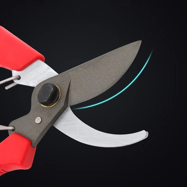 Red-handled SK5 steel pruning scissors 200mm total length 50mm blade on white background