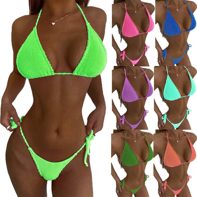 Women's polyester three-point bikini swimsuit in S-XXL, available in 13 colours including black, pink and sky blue