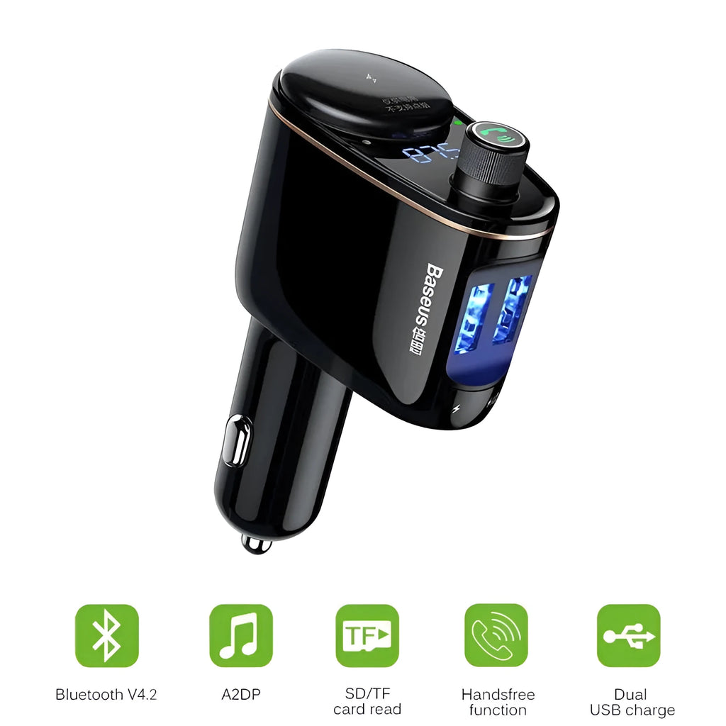 Bluetooth FM transmitter car charger with dual USB ports and voltage detection display
