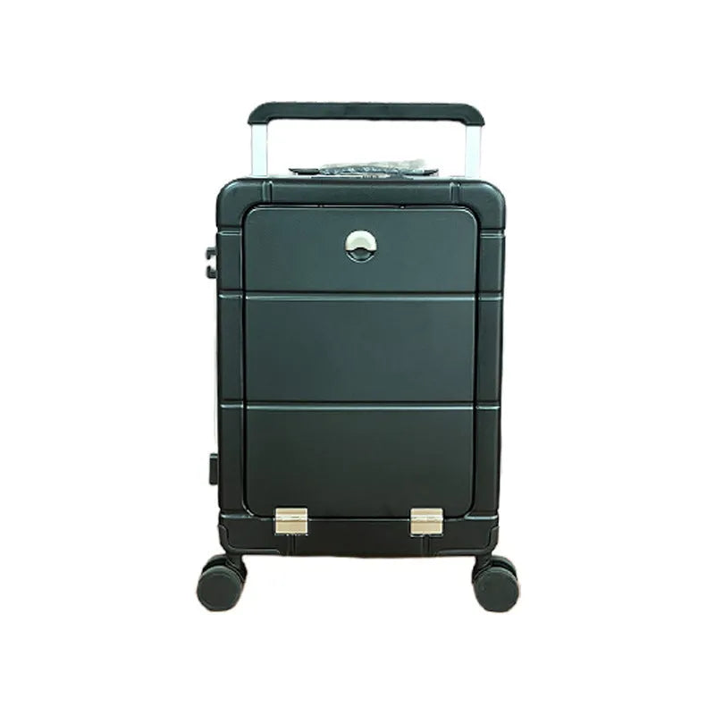 Black 20-inch hard-shell front opening suitcase showing the separate dry wet compartment and universal wheels.