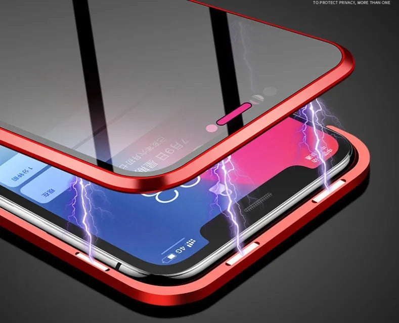 Magnetic anti-peeping Samsung phone case with clamshell design and double-sided glass construction