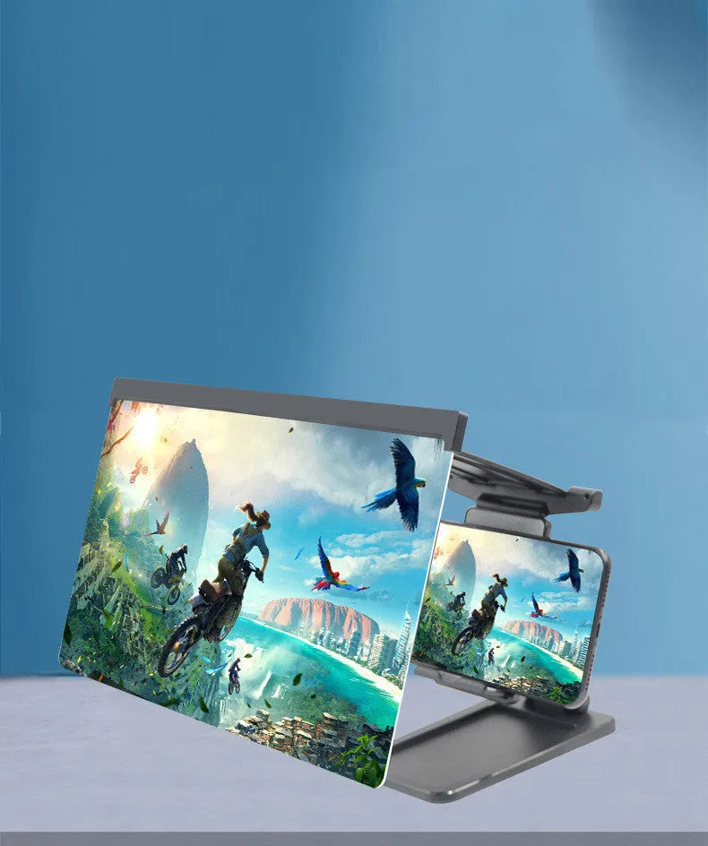 Black 12 inch mobile phone screen amplifier with detachable phone holder on desktop