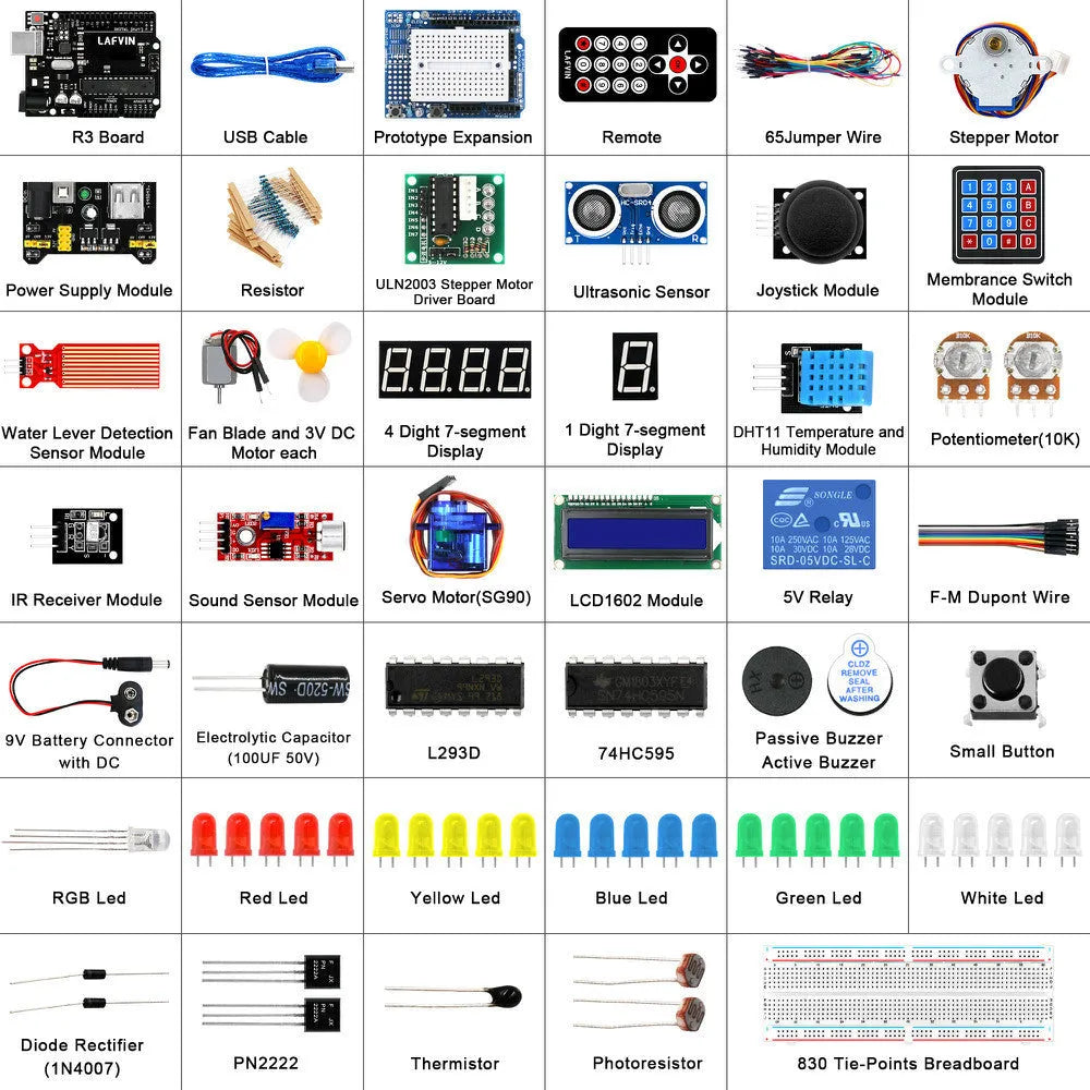 LAFVIN Arduino UNO R3 Super Starter Kit with blue controller board and electronic components