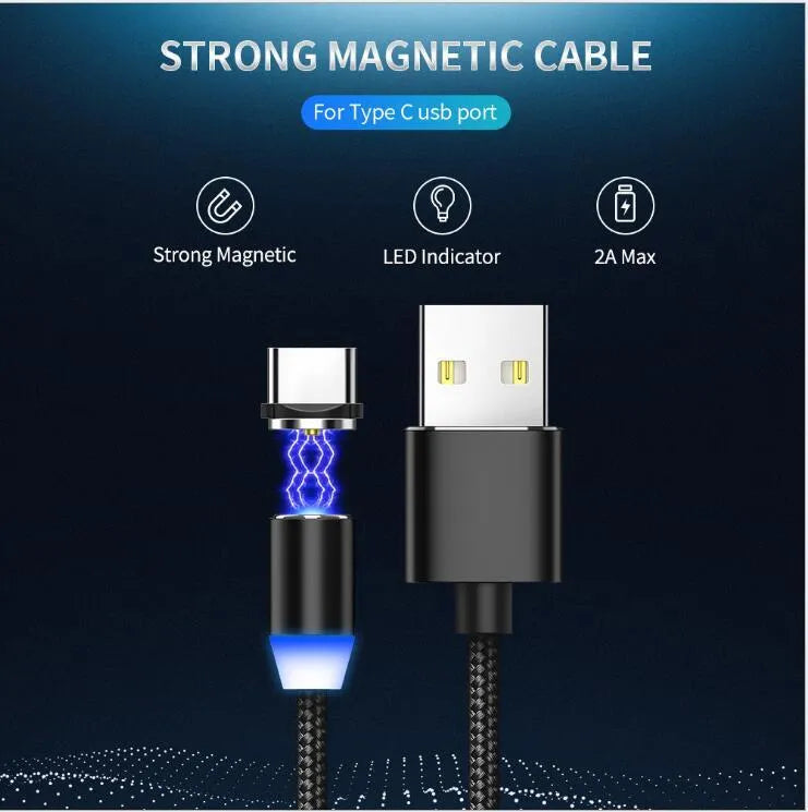 YBD black and red magnetic charging cable with cotton braid and LED light on a table