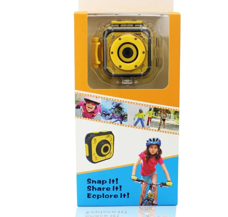 Yellow children's waterproof sports camera showing front view with lens and LCD screen