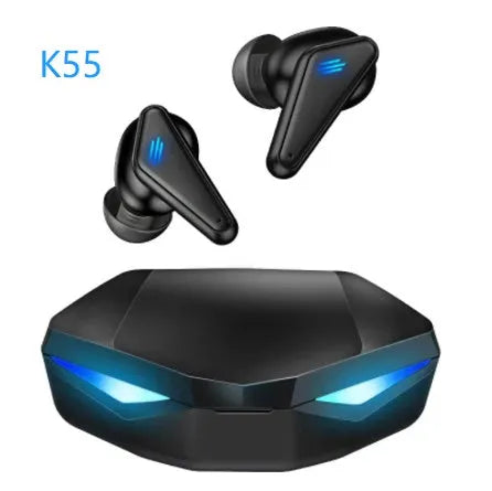 Blue Private Model K55 wireless Bluetooth TWS gaming earbuds with charging case.