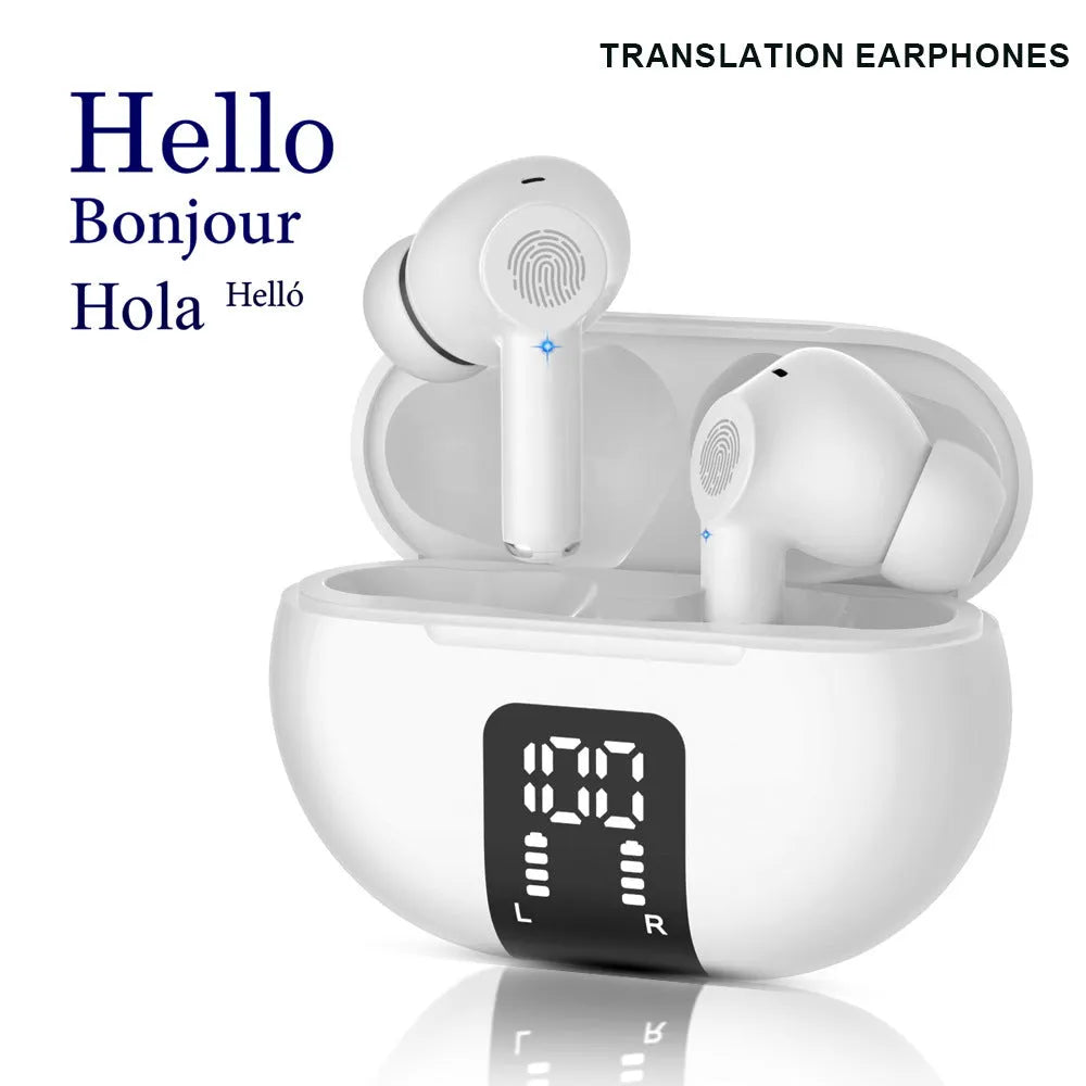 M10 wireless Bluetooth earbuds with voice translation, touch control, ABS build, 6.2 cm size, in black and white colours