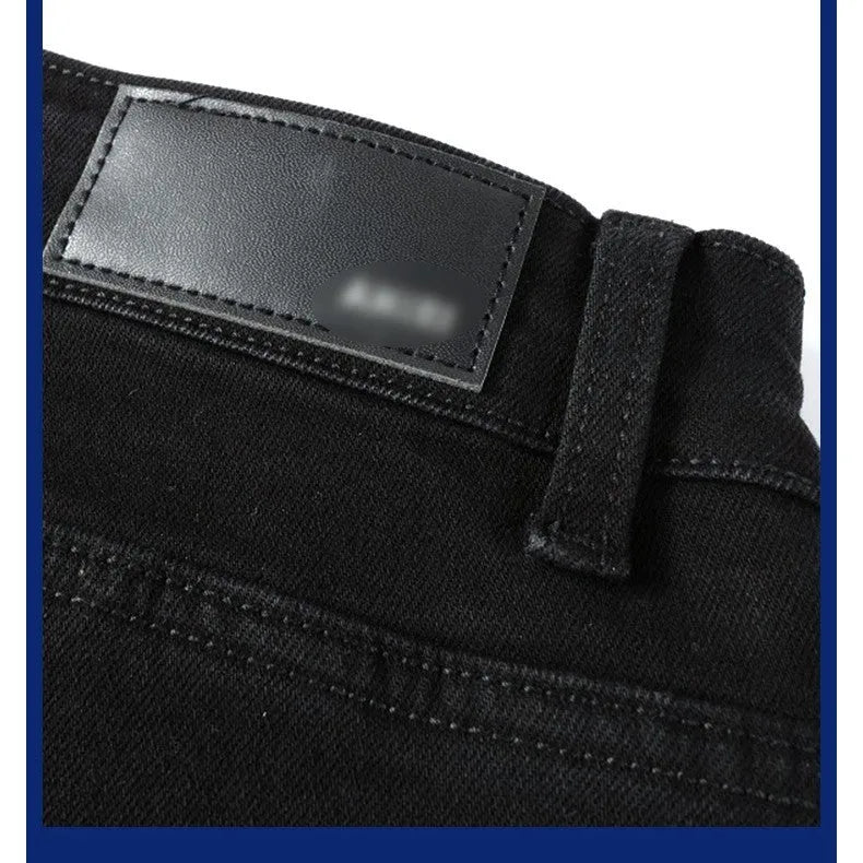Black Patch Pleated Jeans For Men Cotton 98% Micro-elastic Double Waistband Zipper Placket Casual Trousers Black Asian Sizes 28-40
