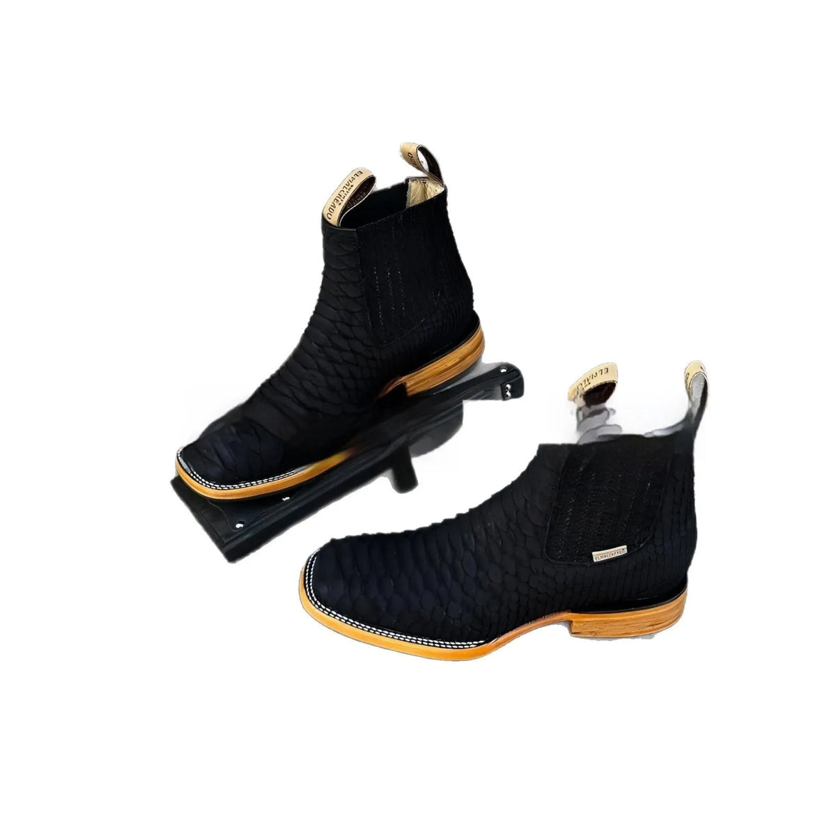 Men's retro square toe ankle boots in black artificial PU, featuring a striped pattern