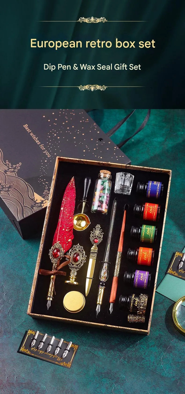 Gray vintage mechanical feather fountain pen set with metal nib for calligraphy practice