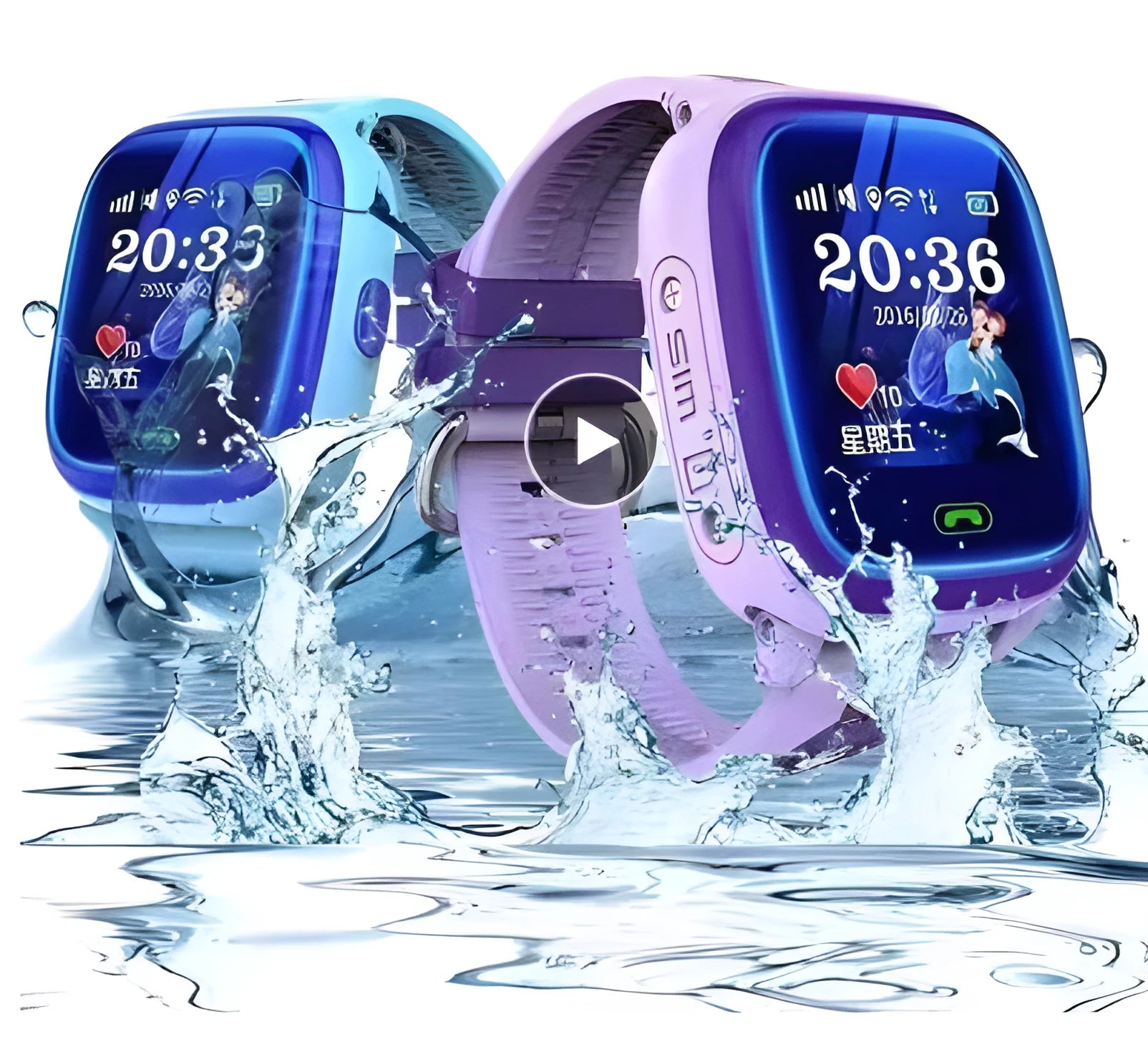 Blue children's waterproof smart watch with touch screen showing SOS call function